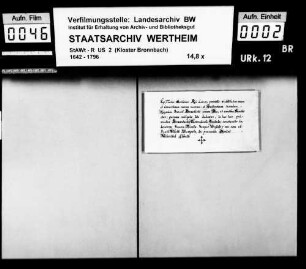 Fr. Desiderius Reü, Laie zu Bronnbach, verspricht Satzung und Regeln des hl. Benediktus Treue und Gehorsam.