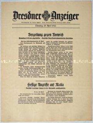 Nachrichtenblatt "Dresdner Anzeiger" mit Meldungen des OKW und des italienischen Oberkommandos, u.a. über britische Luftangriffe auf Köln