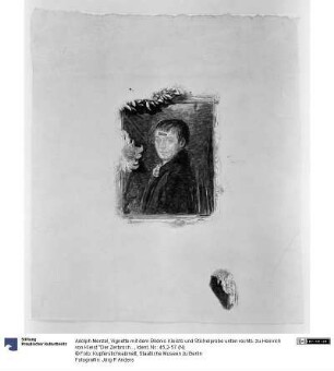 Vignette mit dem Bildnis Kleists und Stichelprobe unten rechts. zu Heinrich von Kleist "Der Zerbrochene Krug"
