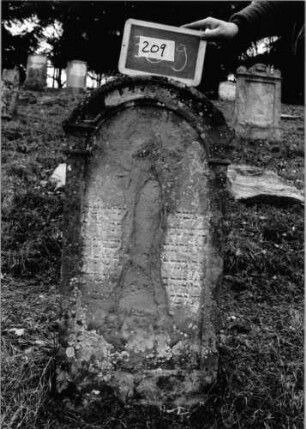 Grabstein 209 (Index: 100090545) Material: Sandstein Zustand: beschäd/abgeblätt/groß. Textverlust Maße HxBxT: 100x45x11 cm Beschreibung: Stele, Segmentbogenabschluß, Schriftfeld eingetieft und von Pfeilern umrahmt: Grabstein 209