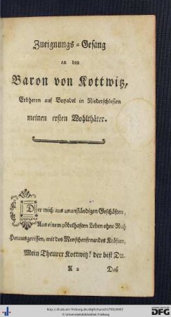 Zueignungs-Gesang an den Baron von Kottwitz.