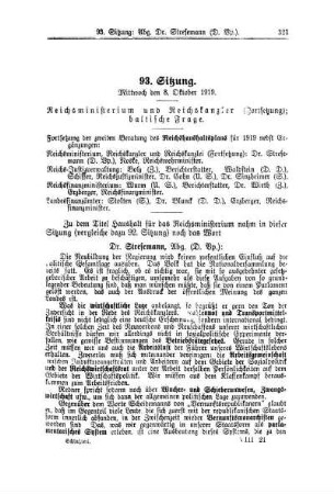 93. Sitzung. Mittwoch den 8. Oktober 1919