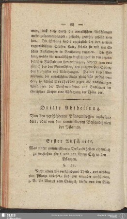 Dritte Abtheilung. Von den verschiedenen Pflanzenstoffen insbesondere, oder von den unmittelbaren Bestandtheilen der Pflanzen
