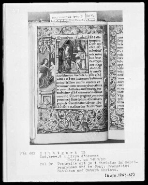 Lateinisches Stundenbuch (Livre d'heures) — Textseite mit zwei Miniaturen, Folio 9verso