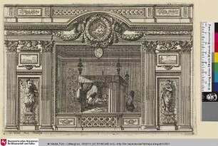 [Alkoven mit einem Liebespaar im Bett; Dans une alcôve, deux hommes saluent une femme dans son lit]