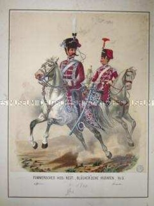 Uniformdarstellung, Offizier und Trompeter des Husaren-Regiments "Fürst Blücher von Wahlstatt" (Pommersches) No. 5 zu Pferd, Preußen, 1864. Tafel 52 aus: Schindler: Militair-Album.