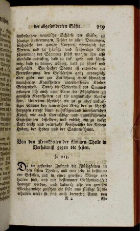 Von den Krankheiten der flüßigen Theile in Verhältniß gegen die festen.