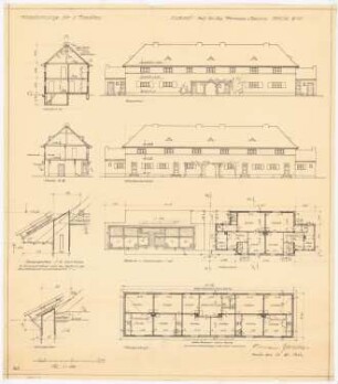 Musterhäuser für Kleinsiedlungen: 5-Familienhaus Vorderansicht, Hofansicht, 2 Schnitte, Grundrisse von Kellergeschoss, Erdgeschoss und Obergeschoss 1:100, Hauptgesims 1:10, Stollgesims 1:10