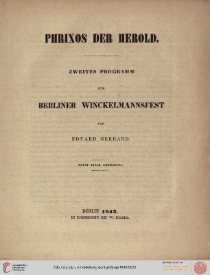 Band 2: Programm zum Winckelmannsfeste der Archäologischen Gesellschaft zu Berlin: Phrixos der Herold