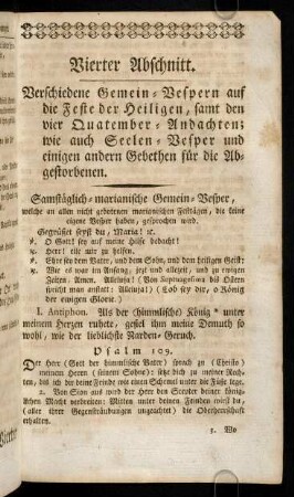 427-501, Vierter Abschnitt. Verschiedenen Gemein-Vespern auf die Feste der Heiligen, samt den vier Quatember-Andachten, wie auch Seelen-Vesper und einigen andern Gebethen für die Abgestorbenen.