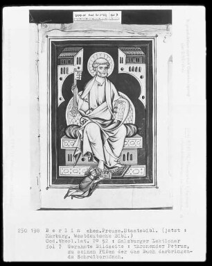 Lektionar aus Salzburg — Thronender Petrus, Dedikationsbild, Folio 7recto