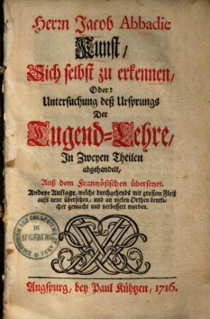 Kunst, sich selbst zu erkennen, oder: Untersuchung deß Ursprungs der Tugend-Lehre &