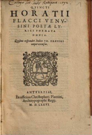 Quincti Horatii Flacci Venusini Poetae Lyrici Poemata omnia : quibus respondet index Th. Treteri nuper excusus