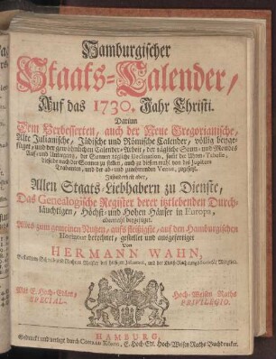 1730: Hamburgischer Staats-Kalender : auf das Jahr