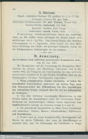 VI. Anweisung, das Verhalten beim Auftreten ansteckender Krankheiten betreffend