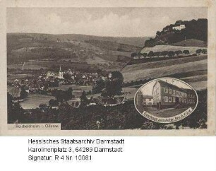 Reichelsheim im Odenwald, Panorama mit Schloss Reichenberg / unten rechts in Medaillon: Ansicht des Gasthauses 'Zum Adler' (Besitzer A. Würz)