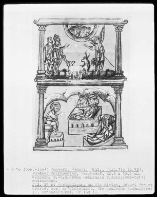 Fuldaer Sakramentar — Bildseite mit zwei Miniaturen, Folio 25recto