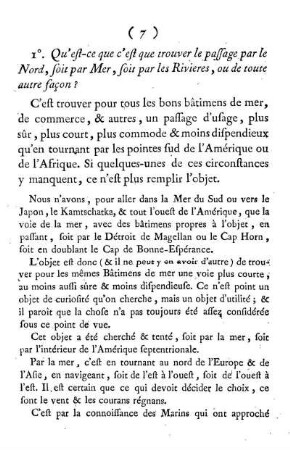 1°. Qu'est-ce que c'est que trouver le passage par le Nord, soit par mer, soit par les rivieres, ou de toute autre facon?
