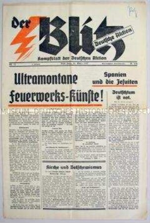 Völkische Wochenzeitung "Der Blitz" u.a. zur Rolle der katholischen Kirche im Spanischen Bürgerkrieg
