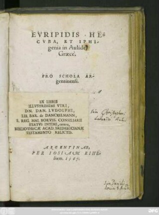 EVRIPIDIS HE=||CVBA, ET IPHI-||genia in Aulide,|| Graecè.|| PRO SCHOLA AR-||gentinensi.||