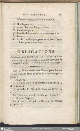 Obligations Imposée aux Essayeurs, par loi du 17 brumaire an 7, sur l'Organisation des Bureaux de garantie pour les matières d'or et d'argent