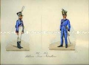 Uniformdarstellung, Trainsoldat und Unterleutnant, Artillerie-Train-Bataillon, Sachsen, 1810-1822.