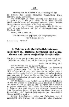 Zulassung zur Prüfung für Lehrerinnen der Hauswirtschaftskunde und der weiblichen Handarbeiten [F. Lehrer- und Volksschullehrerinnen-Seminare etc., Bildung der Lehrer und Lehrerinnen und deren persönliche Verhältnisse]