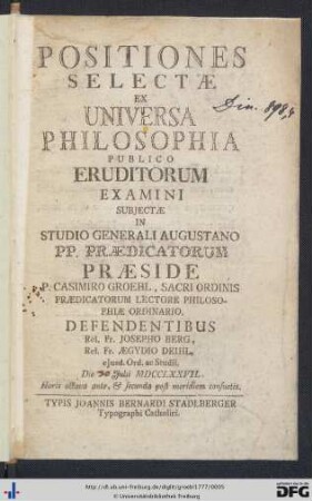 Positiones Selectæ Ex Universa Philosophia