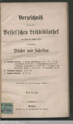 [Hauptbd.]: Verzeichniß der in der Bessel'schen Leihbibliothek ... vorhandenen Bücher und Schriften