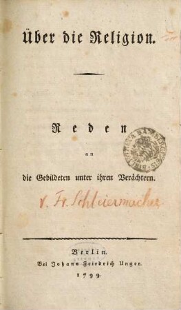 Über die Religion : Reden an die Gebildeten unter ihren Verächtern