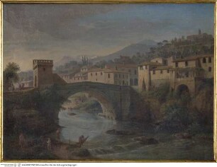 Dorf und Bogenbrücke unterhalb einer Höhenabtei