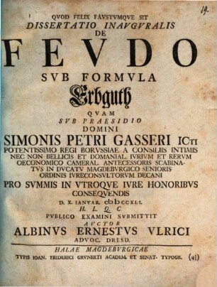 Dissertatio Inavgvralis De Fevdo Svb Formvla Erbguth