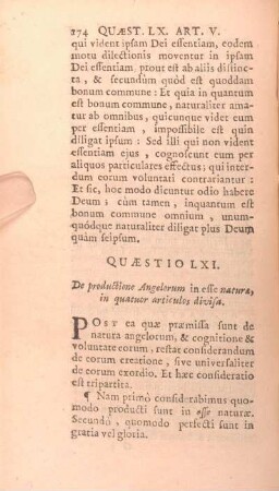 Quaestio LXI. De productione Angelorum in esse naturae, in quatuor articulos divisa.