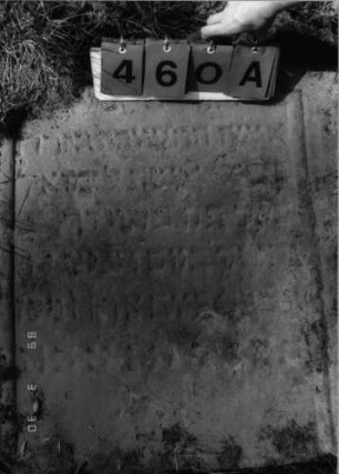 Grabstein 460 (Index: 99791789) Material: Sandstein Zustand: stark verwittert mit Textverlust, Stele liegend Maße HxBxT: 98x81x12 cm Beschreibung: Stele, Konvexbogenabschluß, Schriftfeld eingetieft: Grabstein 460A