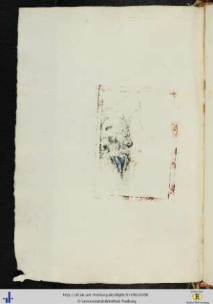 [149v] Schwacher Leimabdruck einer farblichen Darstellung eines bärtigen Heiligen (ein schlafender Apostel am Ölberg?).