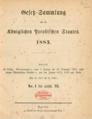 1883: Gesetz-Sammlung für die Königlichen Preußischen Staaten