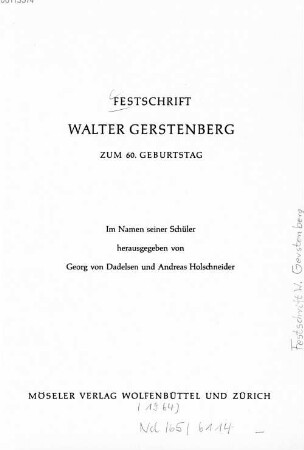 Festschrift Walter Gerstenberg zum 60. Geburtstag