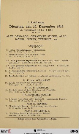I. Auktionstag: Dienstag, den 16. Dezember 1919 (1-443)