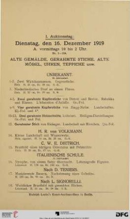 I. Auktionstag: Dienstag, den 16. Dezember 1919 (1-443)