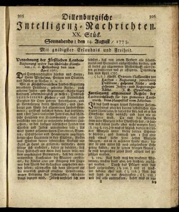 XX. Stück. Sonnabends: den 14. August / 1773.