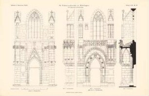 St. Johanneskirche, Kitzingen: Ansicht Westportal, Ansicht, Seitenansicht Nordportal (aus: Atlas zur Zeitschrift für Bauwesen, hrsg. v. Ministerium der öffentlichen Arbeiten, Jg. 59, 1909)