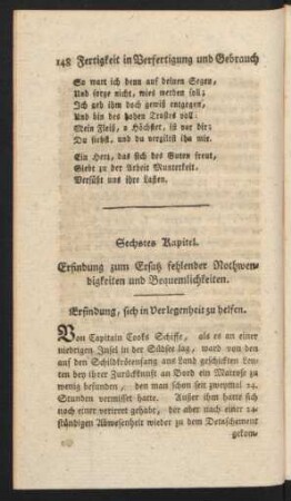 Sechstes Kapitel. Erfindung zum Ersatz fehlender Nothwendigkeiten und Bequemlichkeiten.