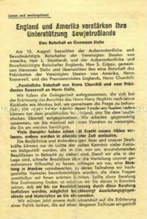 Sowjetisches Abwurf-Flugblatt mit einer Botschaft von Churchill und Roosevelt an Stalin über Fragen des Nachschubs an Kriegsmatierial und Rohstoffen