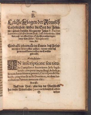 B. Etliche Klagen der Römisch Catholischen/ wider die Sect der Jesuiter ...