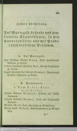 Zehnte Abtheilung. Auf Wartegeld stehende und pensionirte Staatsdiener, so wie characterisirte und mit Prädicaten versehene Personen