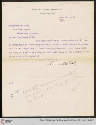 Briefe von Edward Charles Pickering an Max Wolf: Brief von Edward Charles Pickering an Max Wolf
