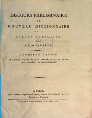 Discours préliminaire du nouveau dictionnaire de la langue Française. 1