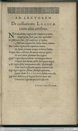 Ad Lectorem, De collatione Logicae cum aliis artibus