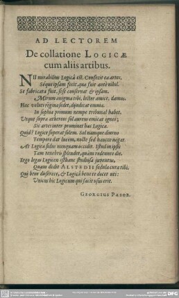 Ad Lectorem, De collatione Logicae cum aliis artibus