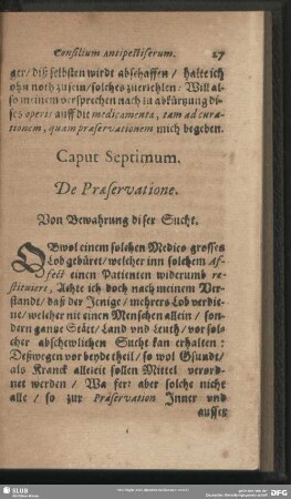 Caput Septimum. De Praeservatione. Von Bewahrung diser Sucht